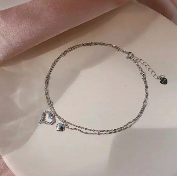 NEW 925 STERLING SILVER PLATE DIAMOND HEART ANKLET - Picture 3 of 6